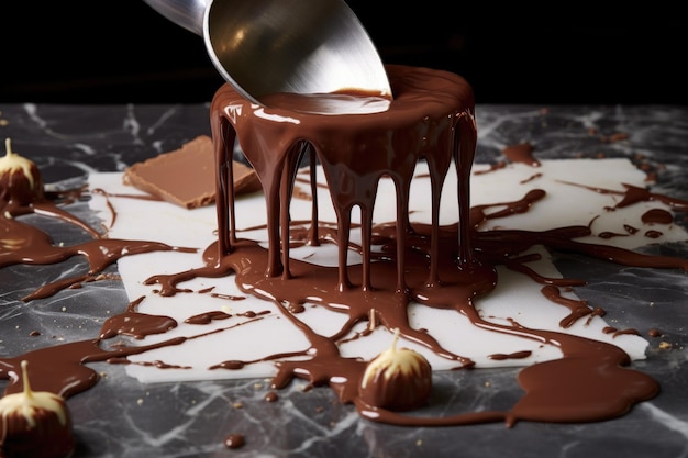 Geschmolzene Schokolade wird auf eine Marmorplatte gegossen, die mit generativer KI erstellt wurde