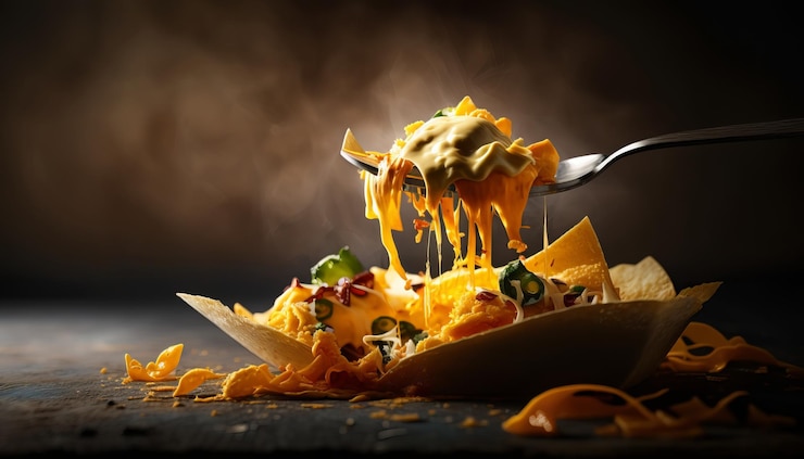 Foto geschmolzenen käse über knusprige nachos löffeln. ki generativ.