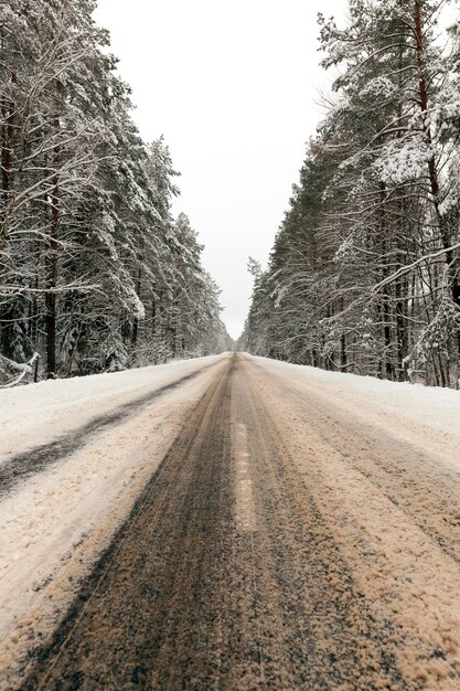 Geschmolzener Schnee auf einer im Wald gebauten asphaltierten Straße