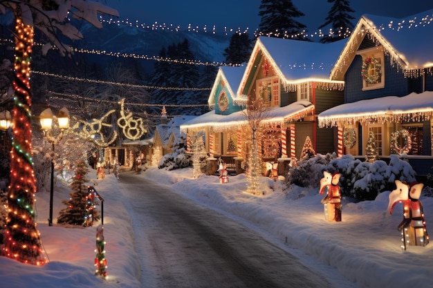Geschmückte Häuser mit Weihnachtsbeleuchtung