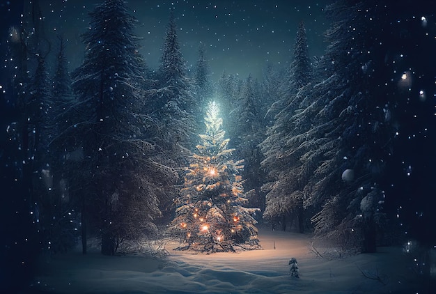 Geschmückter verzauberter Weihnachtsbaum mit leuchtender Beleuchtung im verschneiten Winterhintergrund Urlaubs- und Festivalkonzept Generative KI