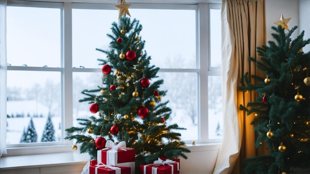 Geschmückter Weihnachtsbaum am Fenster des Zimmers