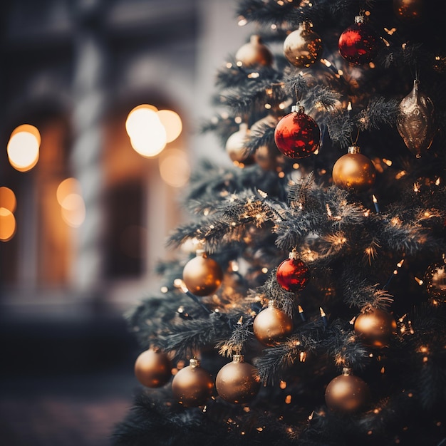 Geschmückter Weihnachtsbaum in Nahaufnahme auf verschwommenem Hintergrund