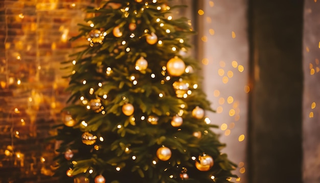 Geschmückter Weihnachtsbaum in sanften gelben Lichtern mit Bokeh-Effekt-Hintergrund. Erhabene Wohnung