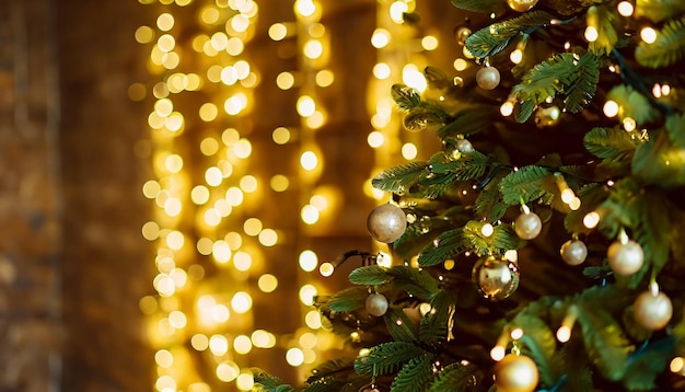 Geschmückter Weihnachtsbaum in sanften gelben Lichtern mit Bokeh-Effekt-Hintergrund. Erhabene Wohnung