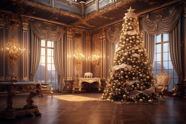 Geschmückter Weihnachtsbaum mit goldenen Kugeln in einem luxuriösen Interieur, Neujahrstradition, frohe Weihnachten