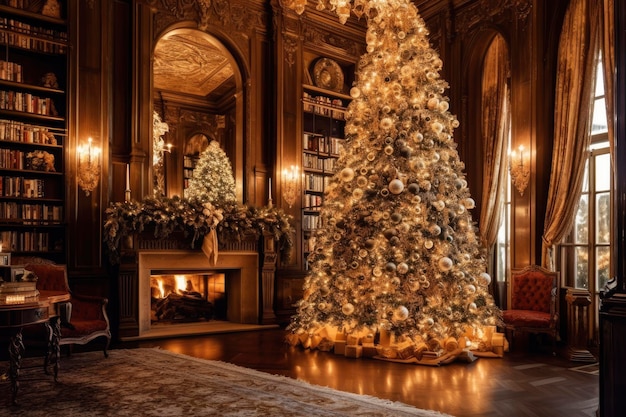 Geschmückter Weihnachtsbaum mit goldenen Kugeln und Geschenken in luxuriöser Neujahrstradition