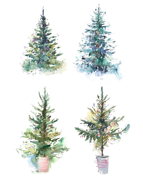 Geschmückter Weihnachtsbaum Neujahr Aquarell-Abbildung Aquarell-Zeichnung.