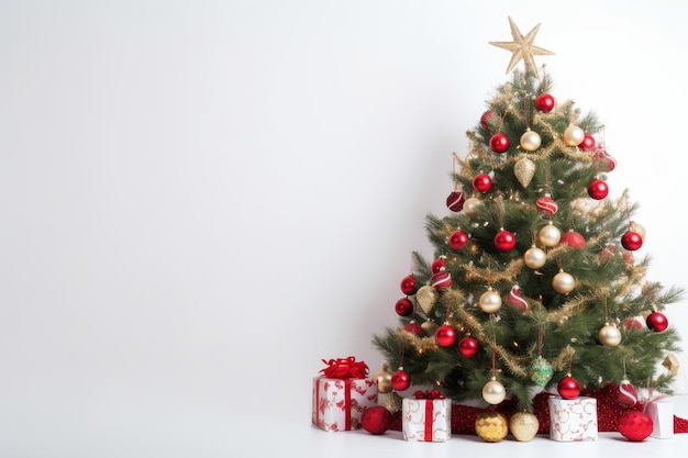 Geschmückter Weihnachtsbaum, umgeben von festlicher Bordüre auf weißem Hintergrund