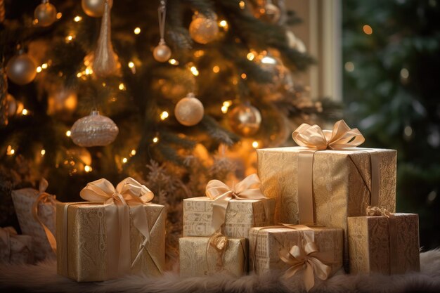 Geschmückter Weihnachtsbaum und Geschenkboxen