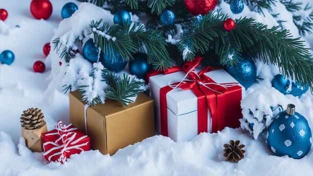 Geschmückter Weihnachtsbaum und Geschenke auf Schnee