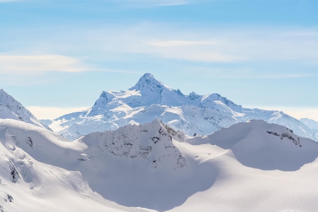 Geschneite Berggipfel im Kaukasus in Erwartung der Skifahrer