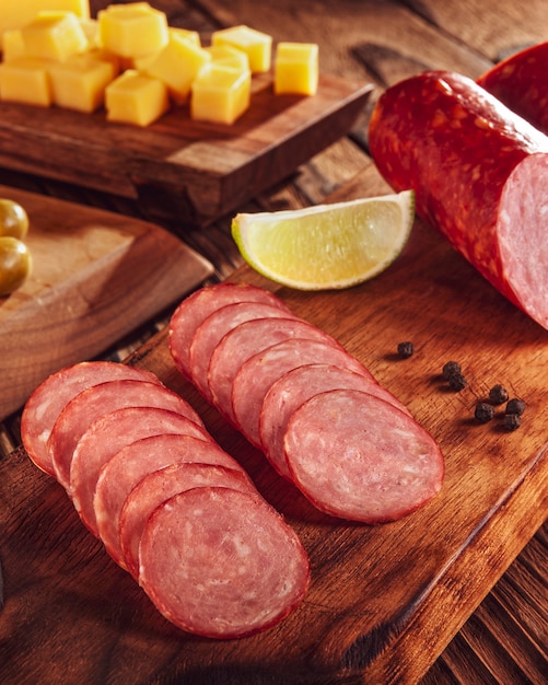 Geschnittene geräucherte Salami auf Schneidebrett mit Jungen von Käse und Oliven