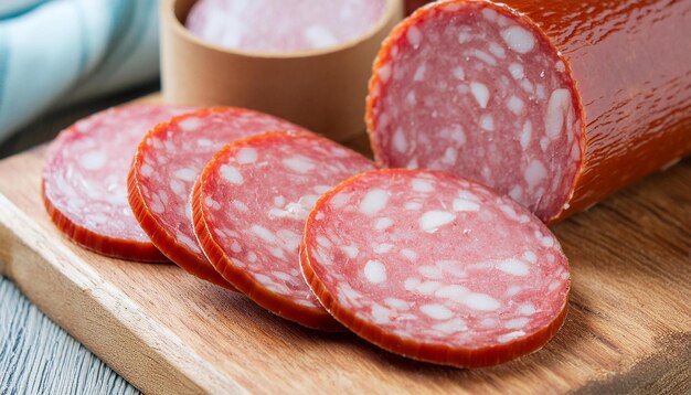 Geschnittene geräucherte Schweinefleischsalami auf Holzbrett köstliches Essen Kulinarisches Konzept