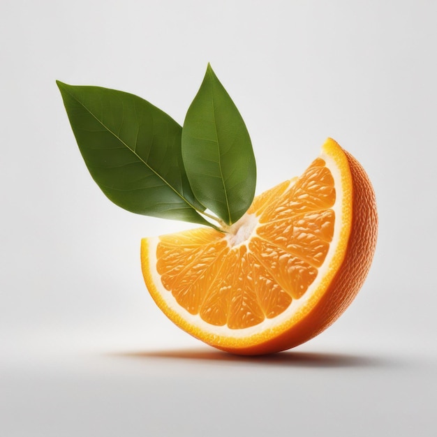 Geschnittene Orange auf einem isolierten weißen Hintergrund mit orangefarbenem Blatt