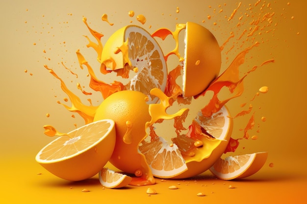 Geschnittene Orangen speien Saft über einem gelben Hintergrund