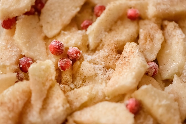 Geschnittene Äpfel und Preiselbeeren mit Zucker und Zimt bestreut, bereit für die Herstellung von Apfelkuchen. Zu Hause kochen.