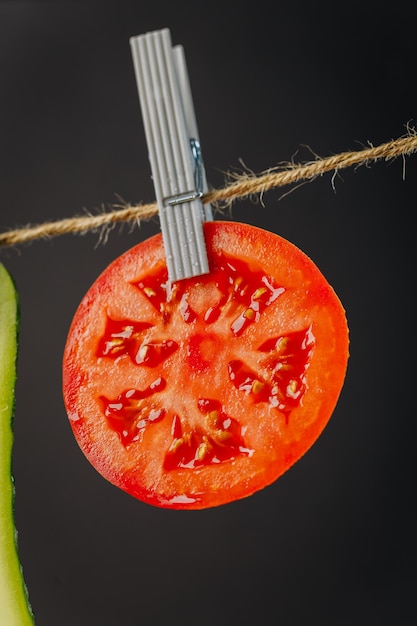 Geschnittene Tomaten hängen an einem Faden auf gelbem Hintergrund