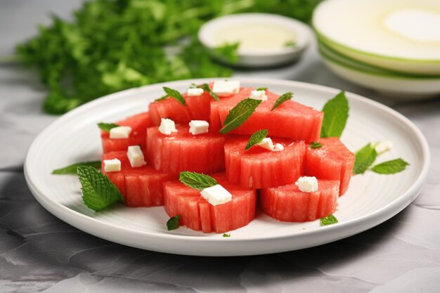 Geschnittene Wassermelone mit Feta-Käse und Minzblättern auf einem weißen Teller