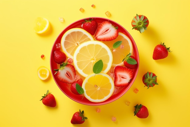 Geschnittene Wassermelone mit Zitronen- Erdbeeren auf Gelb