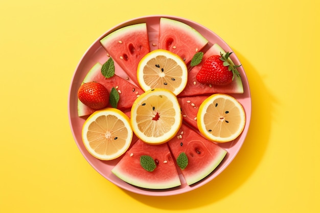 Geschnittene Wassermelone mit Zitronen- Erdbeeren auf Gelb