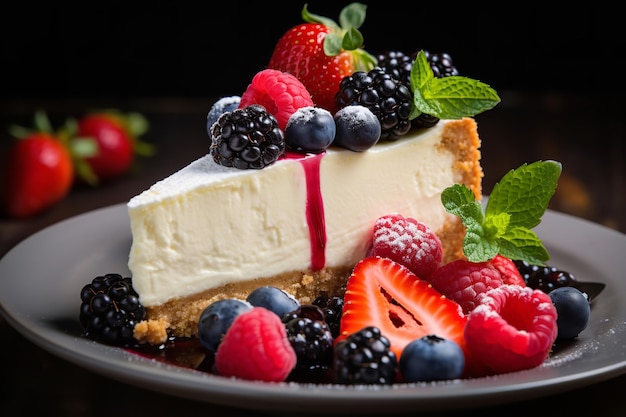 Geschnittener Käsekuchen mit frischen Beeren und Schlagsahne