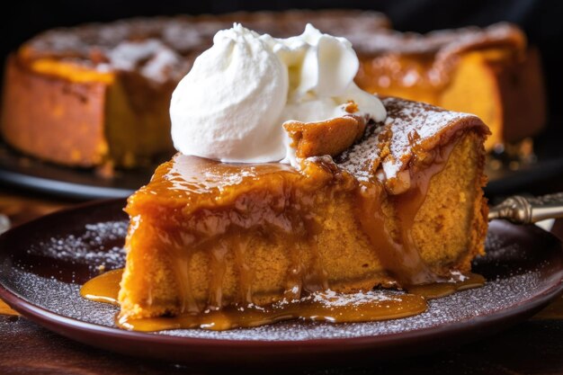 Geschnittener Kürbiskuchen mit Schlagsahne-Topping, hergestellt mit generativer KI