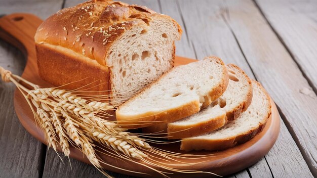 Foto geschnittenes brot und weizen auf holzplatte, isoliert auf weiß