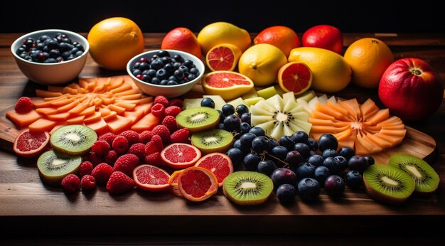 Foto geschnittenes obst auf dem tisch entworfene früchte auf dem tisch geschnittene leckere früchte hintergrund