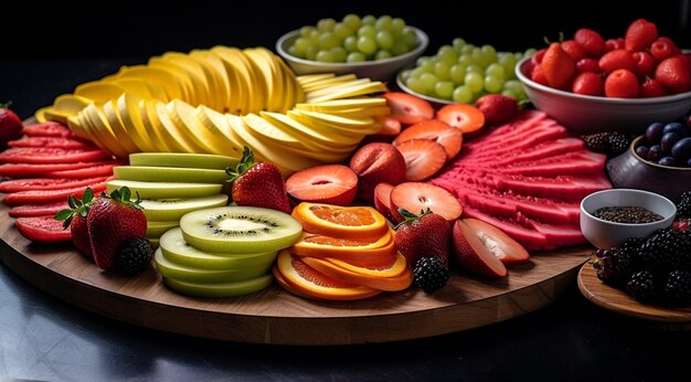 Foto geschnittenes obst auf dem tisch entworfene früchte auf dem tisch geschnittene leckere früchte hintergrund