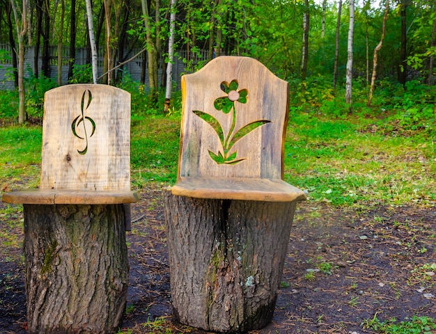 Geschnitzte Stühle aus Baumstämmen im Wald.