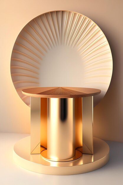 Geschnitzter runder Podiumstisch aus Holz mit glatter Holzmaserung, Palmenblatt im Sonnenlichtschatten in leerem Cremeweiß