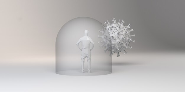 Geschützte Person in Glasblase vor einem Virus. 3D-Darstellung.