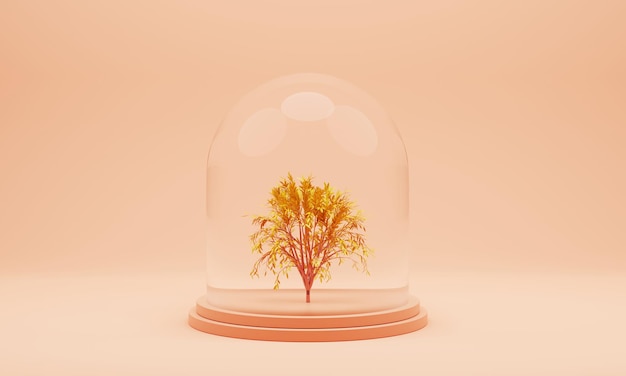 Geschützter goldener Baum in einem Glasgefäß auf hellblauem Hintergrund 3D-Rendering