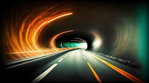 Geschwindigkeitslichtspur in leerem Autobahntunnel Neuronales Netzwerk generierte Kunst