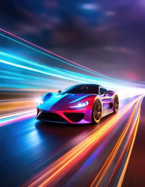Geschwindigster Sportwagen auf Neon Highway Kräftige Beschleunigung eines Supersportwagens auf einer Nachtstrecke