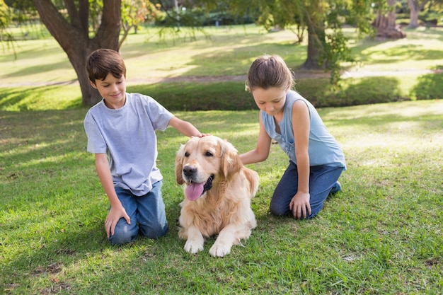 Geschwister mit ihrem Hund im Park