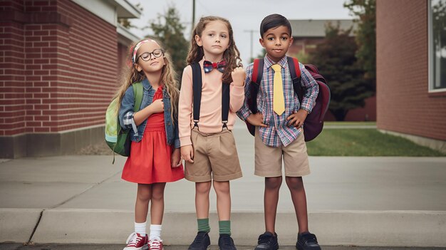 Geschwister posieren für die Rückkehr zur Schule Foto