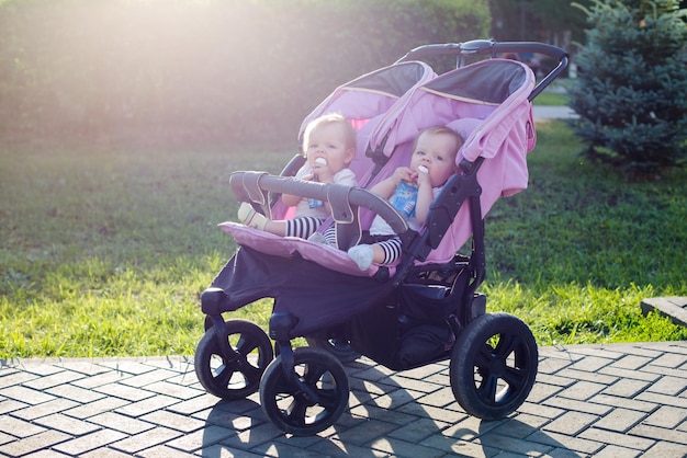 Foto geschwister sitzen im kinderwagen