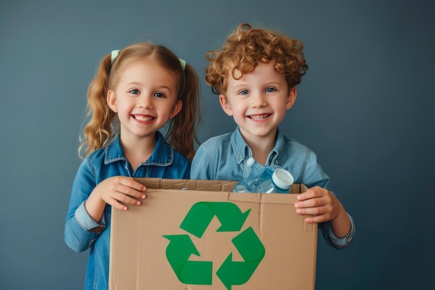 Geschwister-Team strahlt Freude aus und hält eine Kiste mit Recyclingartikeln