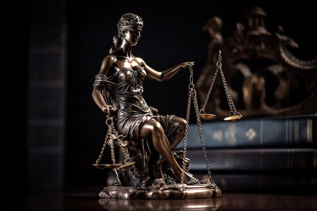 Gesetz- und Gerechtigkeitskonzept Waage der Gerechtigkeit auf Holztisch Generative KI