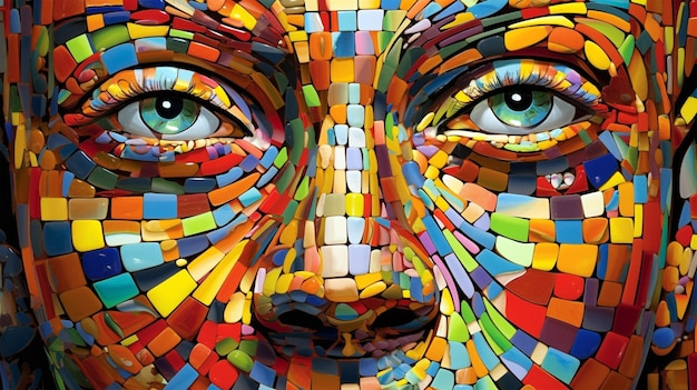 Gesicht, das mit einem von KI erzeugten mehrfarbigen Mosaik erstellt wurde