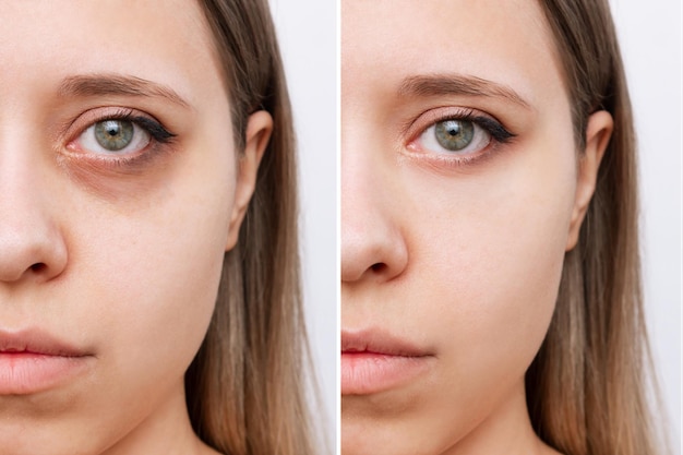 Foto gesicht der jungen frau mit dunklen ringen unter den augen vor und nach der verwendung von concealer bei der kosmetischen behandlung