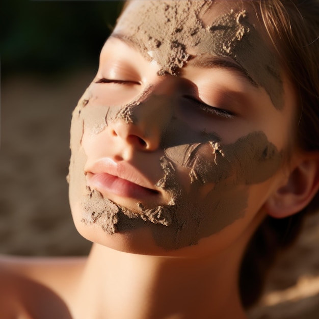 Gesicht einer Frau mit einer Tonmaske. Die Maske ist hellbraun und trocknet auf ihrer Haut.