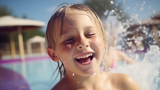 Foto gesicht eines glücklichen, lachenden kaukasischen mädchens im pool