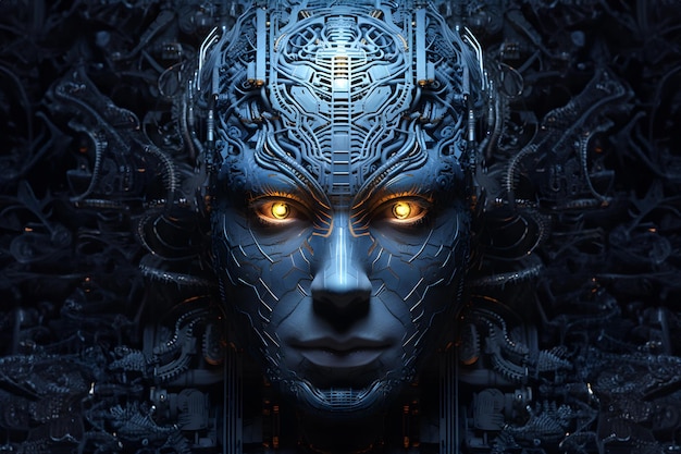 Gesicht eines humanoiden Mannes mit integrierten Schaltkreisen und Zahnrädern mit leuchtenden Augen