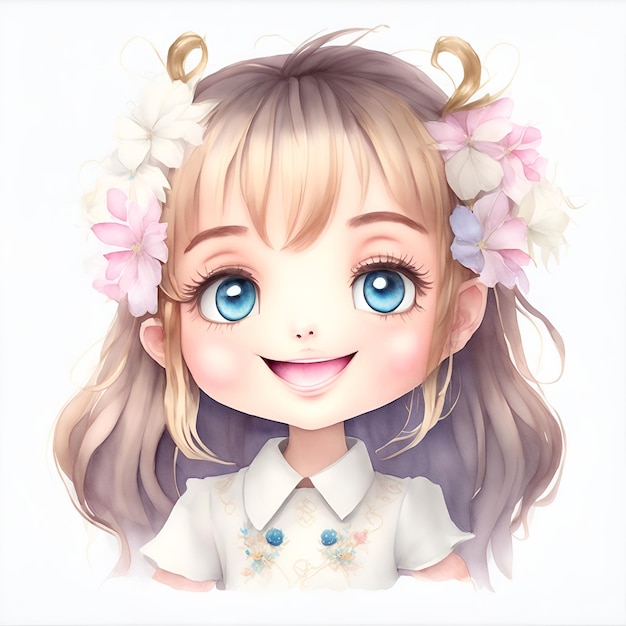 Gesicht eines lächelnden Kawaii-Mädchens Aquarell Clipart Generative KI