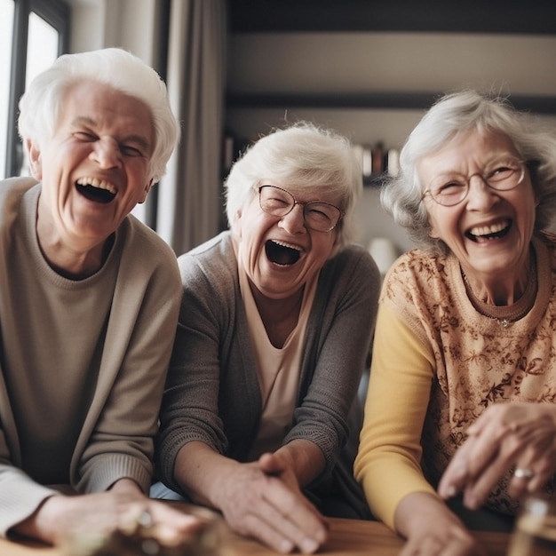 Foto gesicht lachender oder aufgeregter älterer menschen, alter freunde oder glücklicher gruppe mit lächeln oder genießen einer lustigen gemeinsamen zeit im altersheim freundschaftskomödie und ältere frauen oder ki-generierte männer