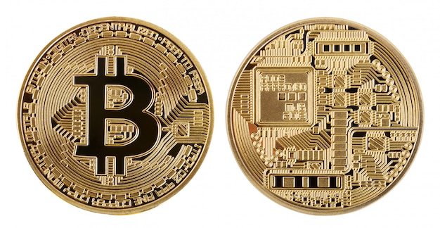 Gesicht und Rückseite der Kryptowährung goldenes Bitcoin