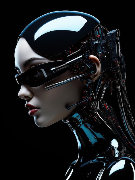 Gesicht zukünftiger Roboter flüssiges Glas Mode schwarzer Hintergrund